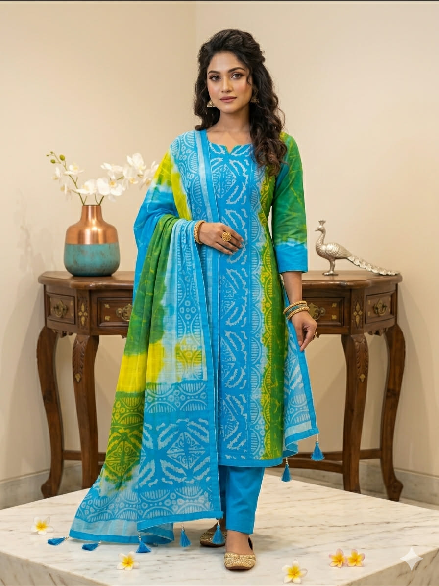 নীল শিবুরি বাটিক থ্রি-পিস