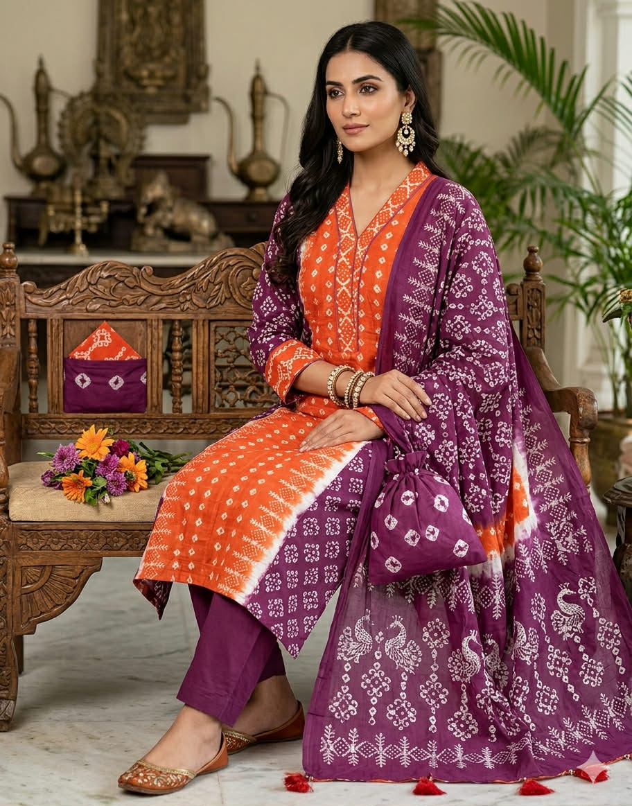 কমলা-বেগুনি বাটিক থ্রি-পিস