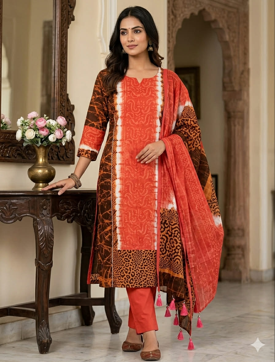 বাদামী-কমলা বাটিক থ্রি-পিস