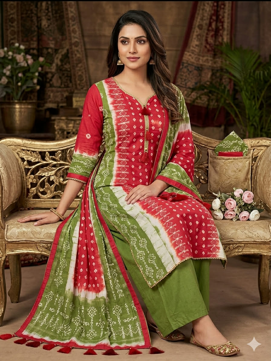 লাল-সবুজ বাটিক থ্রি-পিস